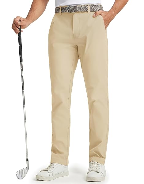 M MAELREG Mens Golf Pants 8 Pockets Water-Resistant Straight Fit Chino Business Casual Slim Fit Dress Pants for Men Light Khaki