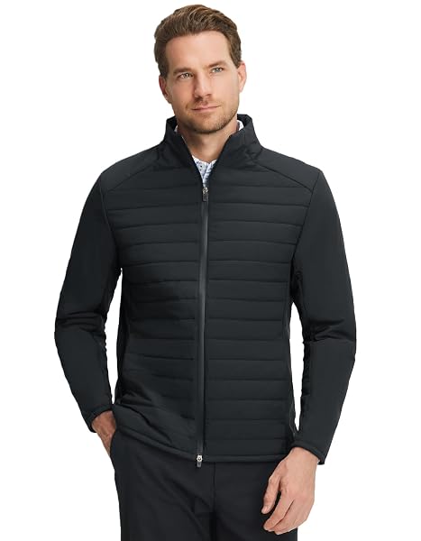 M MAELREG Men's Quilted Puffer Golf Jacket – Insulated Winter Outerwear, Stand Collar, Full Zip, 5 Pockets & 4-Way Stretch