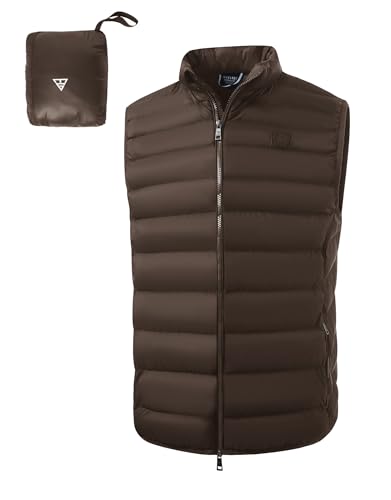 M MAELREG Mens Puffer Vest Lightweight Packable Windproof Insulated Outerwear Warm Winter Zip Pocket Golf Sleeveless Jacket Brown Medium